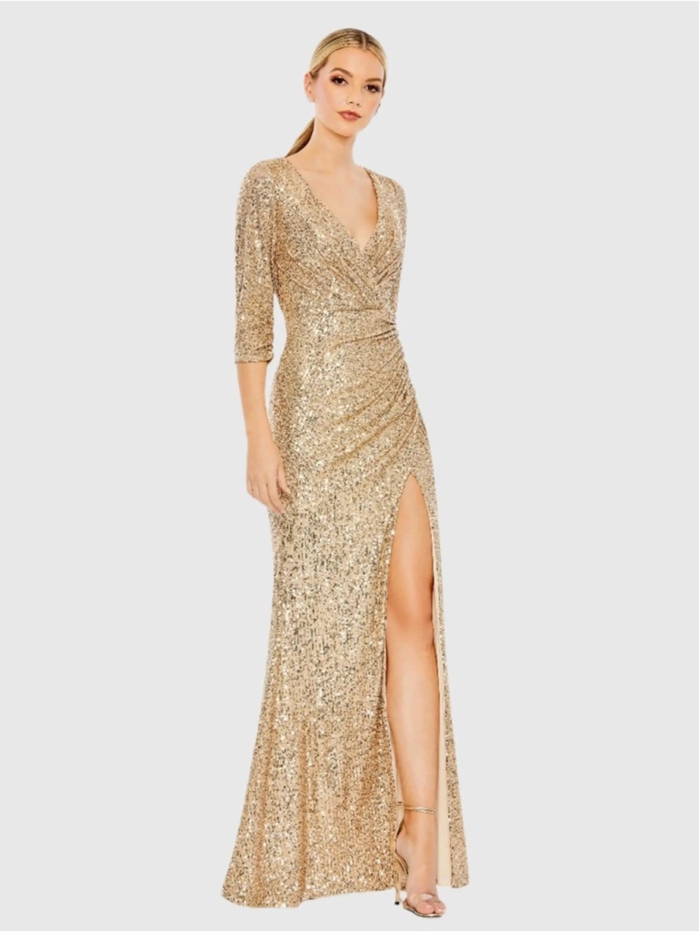 Mac Duggal 42015 Gold Sequined Draped 3/4 Sleeve Gown Size 4 NWT